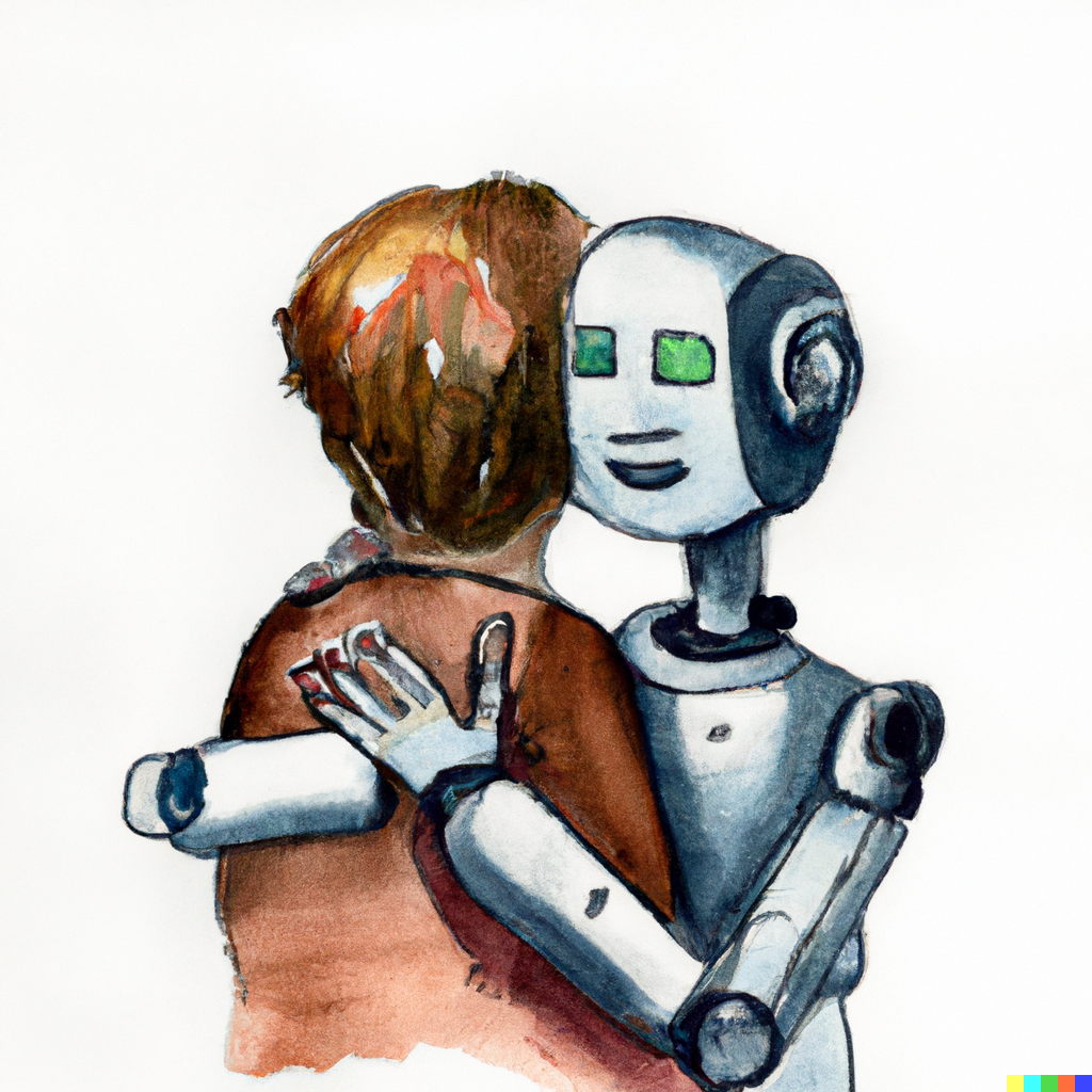 A robot empathically hugs a lonely person. This image was created with the assistance of DALL·E 2